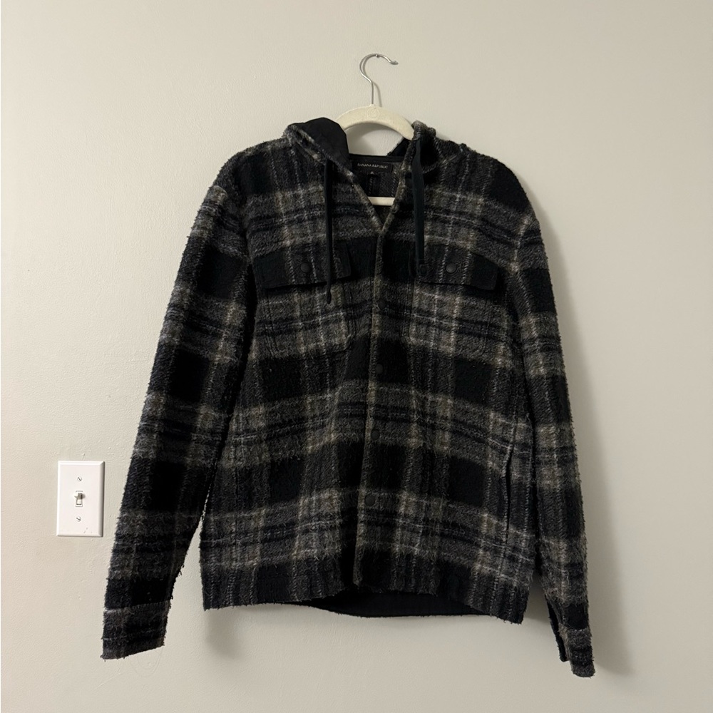 Banana Republic Black and Gray Plaid Button Up Jacket